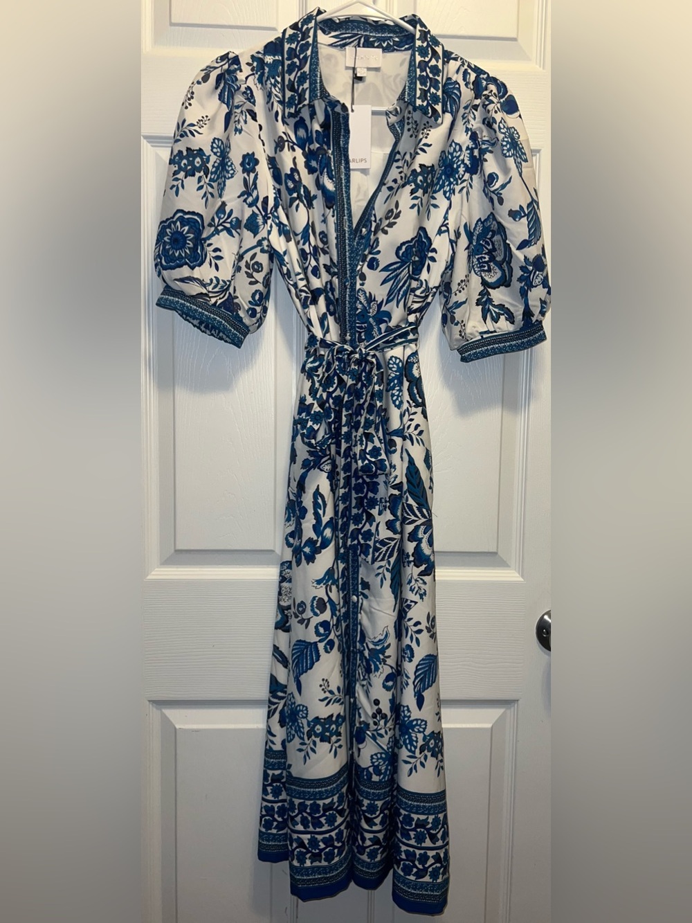 Sugarlips White Maxi Shirt Dress with Blue Floral Print and Waist Tie